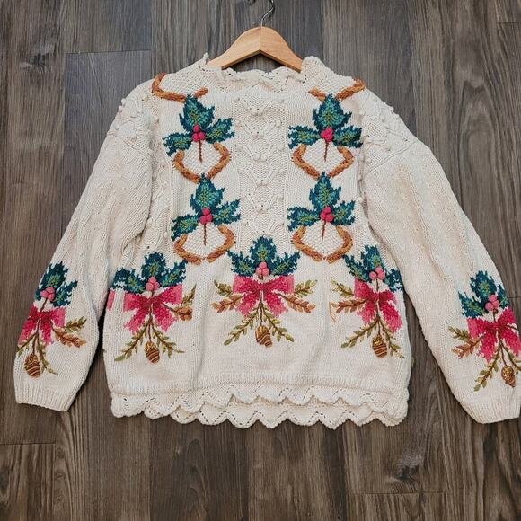Vintage Jennifer Reed Hand Knit Floral Sweater  Cotton Blend 3D Knit Cottagecore - Picture 1 of 9